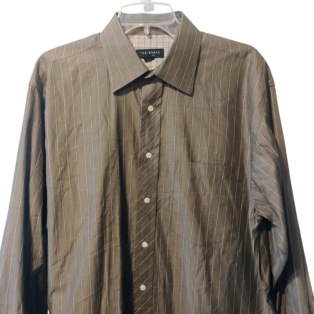 Ted Baker London Mens Olive Green Pinstripe Cotton Button Down Shirt 16 34/35